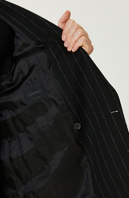 Siyah Yün Karışımlı Kruvaze Ceket