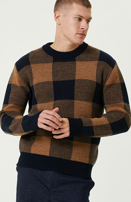 Lacivert-Camel Limited Yün Karışımlı Triko Kazak