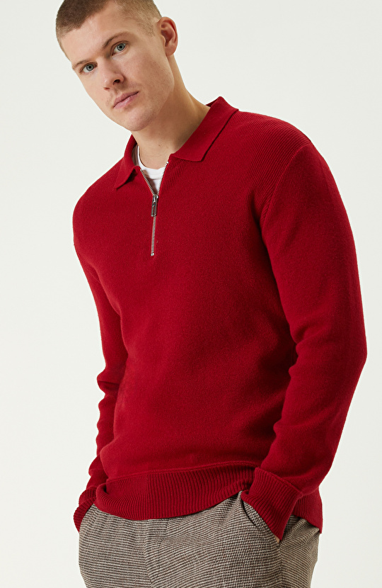 Kırmızı Yün Karışımlı Polo Yaka Fermuarlı Triko Kazak