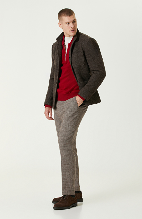 Kırmızı Yün Karışımlı Polo Yaka Fermuarlı Triko Kazak