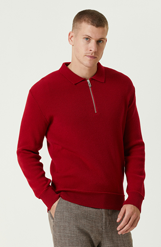 Kırmızı Yün Karışımlı Polo Yaka Fermuarlı Triko Kazak