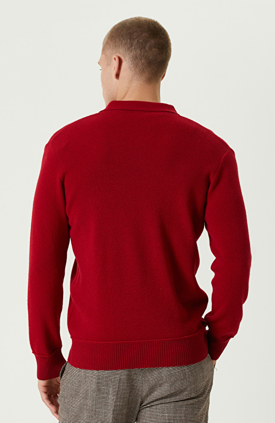 Kırmızı Yün Karışımlı Polo Yaka Fermuarlı Triko Kazak