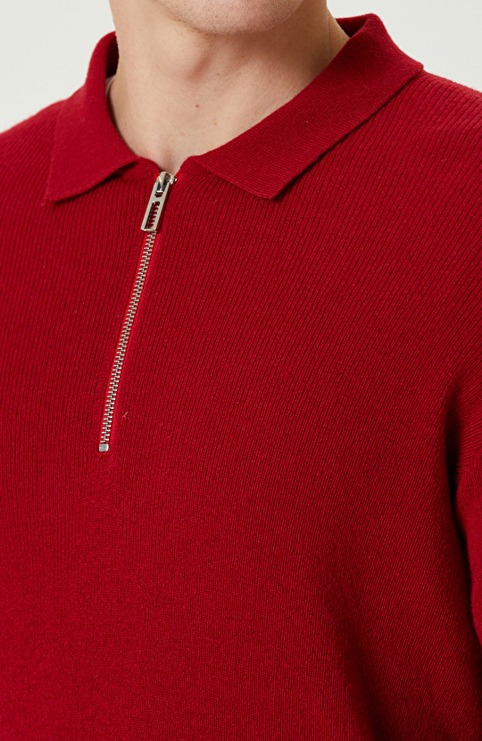 Kırmızı Yün Karışımlı Polo Yaka Fermuarlı Triko Kazak