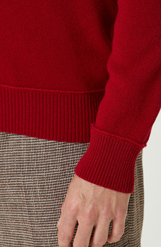 Kırmızı Yün Karışımlı Polo Yaka Fermuarlı Triko Kazak