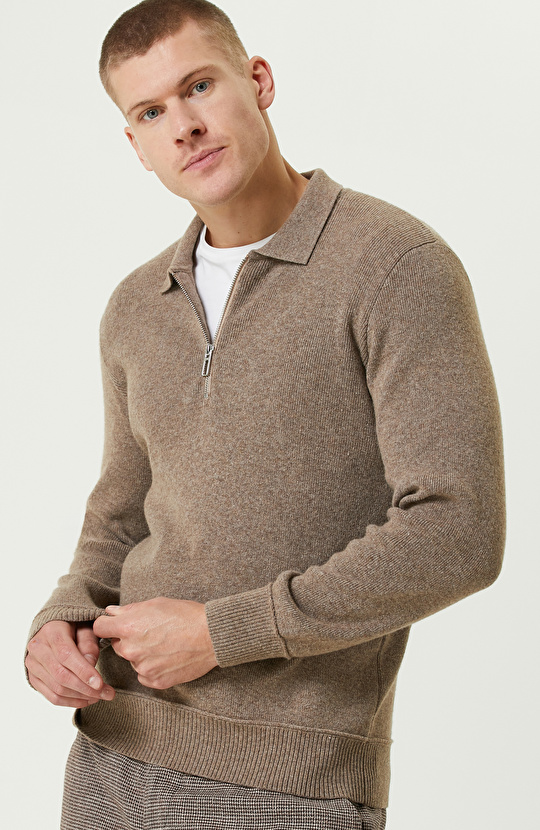 Vizon Yün Karışımlı Polo Yaka Fermuarlı Triko Kazak