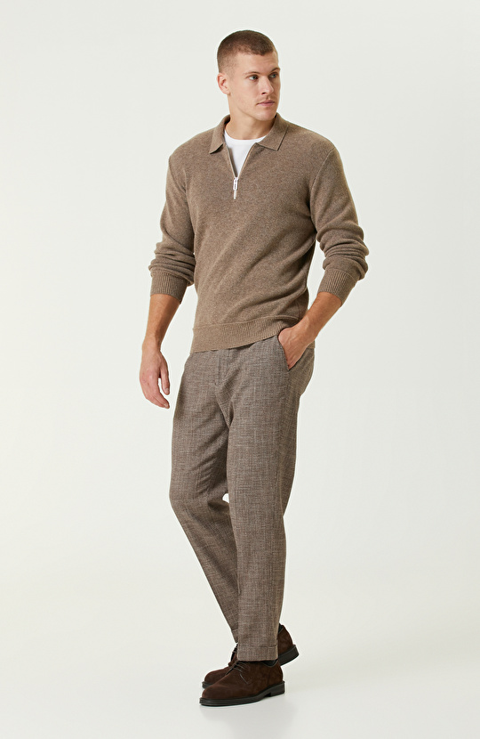 Vizon Yün Karışımlı Polo Yaka Fermuarlı Triko Kazak