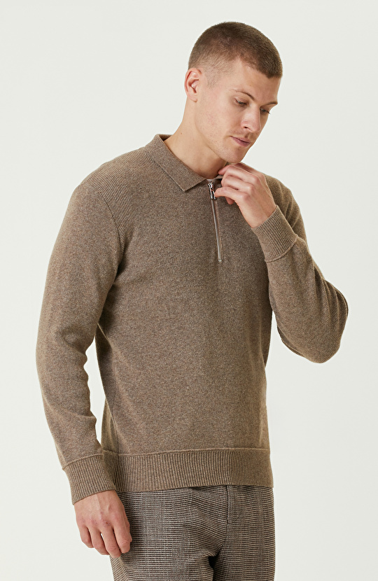 Vizon Yün Karışımlı Polo Yaka Fermuarlı Triko Kazak