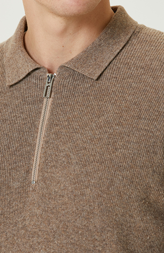 Vizon Yün Karışımlı Polo Yaka Fermuarlı Triko Kazak