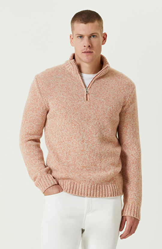 Turuncu Yün  Dik Yaka Fermuarlı Triko Kazak