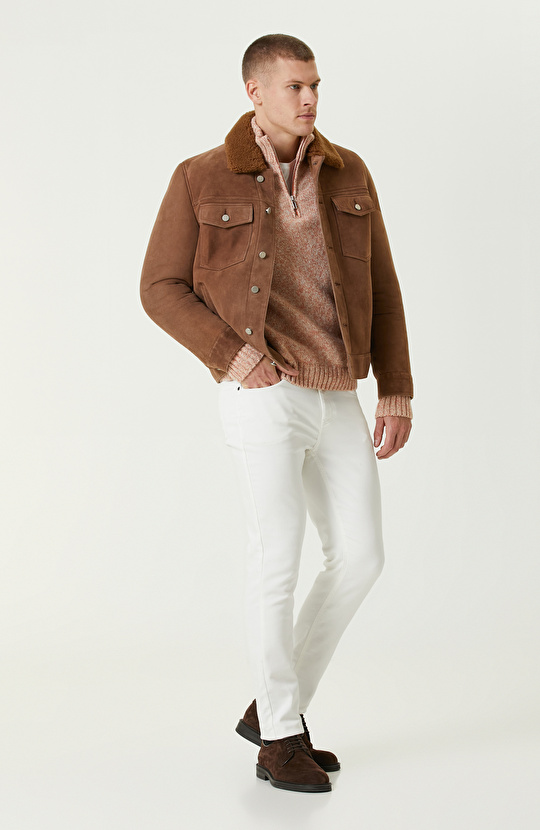 Turuncu Yün  Dik Yaka Fermuarlı Triko Kazak