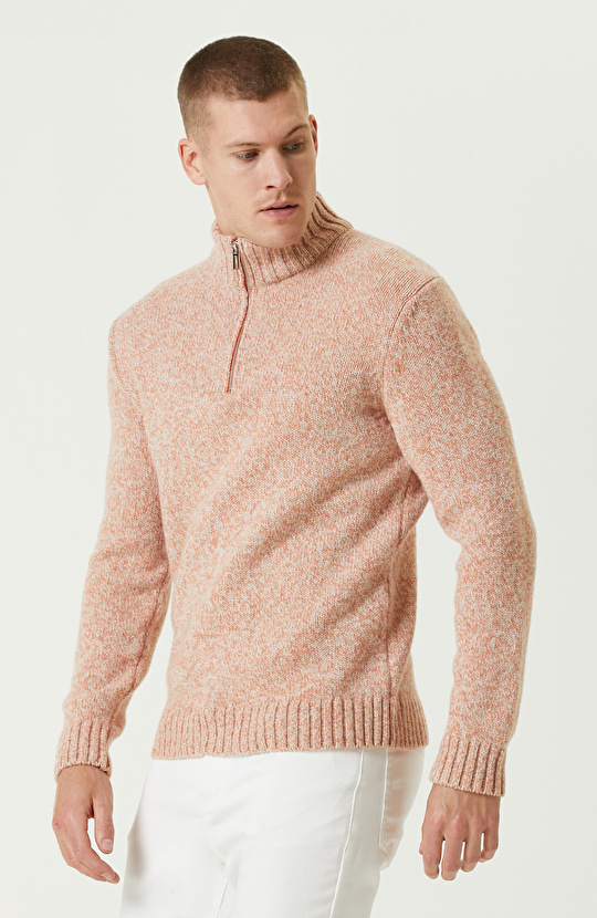 Turuncu Yün  Dik Yaka Fermuarlı Triko Kazak