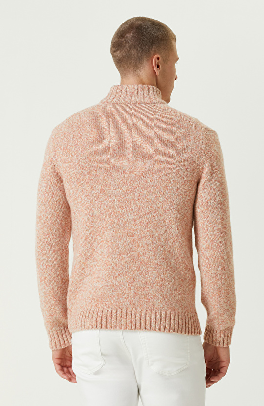 Turuncu Yün  Dik Yaka Fermuarlı Triko Kazak