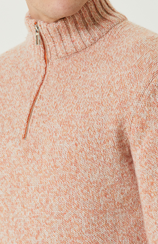 Turuncu Yün  Dik Yaka Fermuarlı Triko Kazak