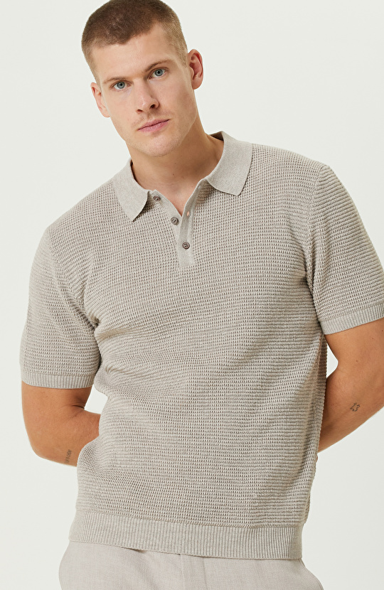 Bej Yün Karışımlı Polo Yaka Triko Kazak