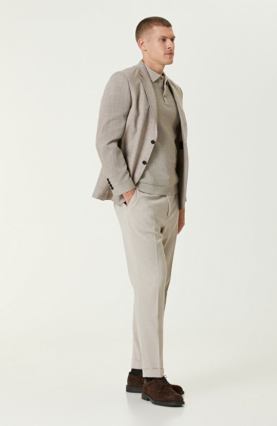 Bej Yün Karışımlı Polo Yaka Triko Kazak