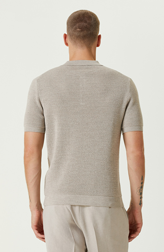 Bej Yün Karışımlı Polo Yaka Triko Kazak