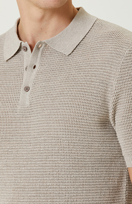 Bej Yün Karışımlı Polo Yaka Triko Kazak