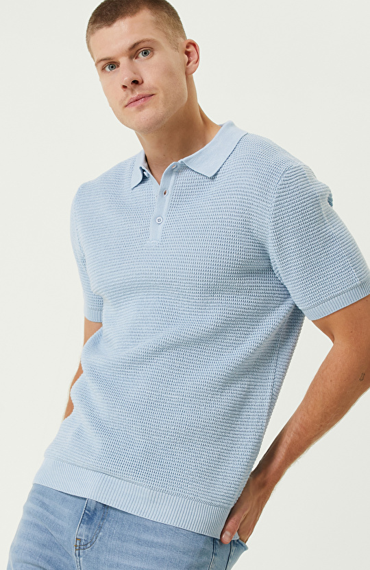 Açık  Mavi Yün Karışımlı Polo Yaka Triko Kazak