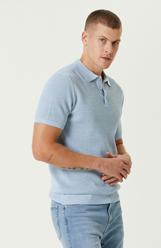 Açık  Mavi Yün Karışımlı Polo Yaka Triko Kazak