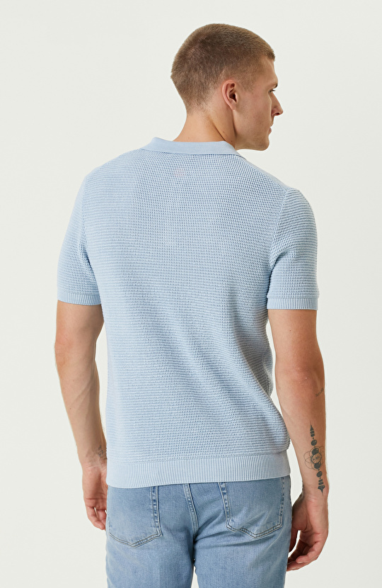 Açık  Mavi Yün Karışımlı Polo Yaka Triko Kazak