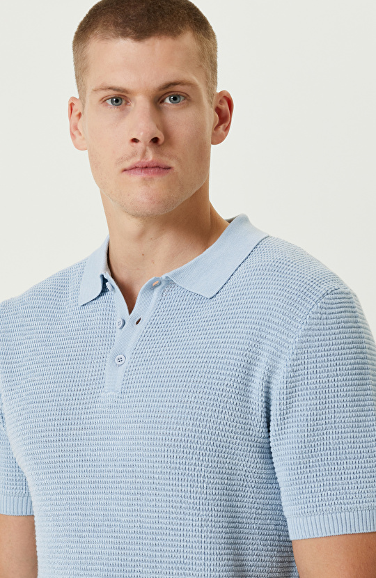 Açık  Mavi Yün Karışımlı Polo Yaka Triko Kazak