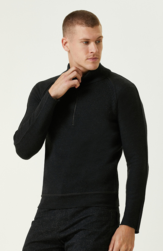 Antrasit Yün Karışımlı Dik Yaka Fermuarlı Triko Kazak