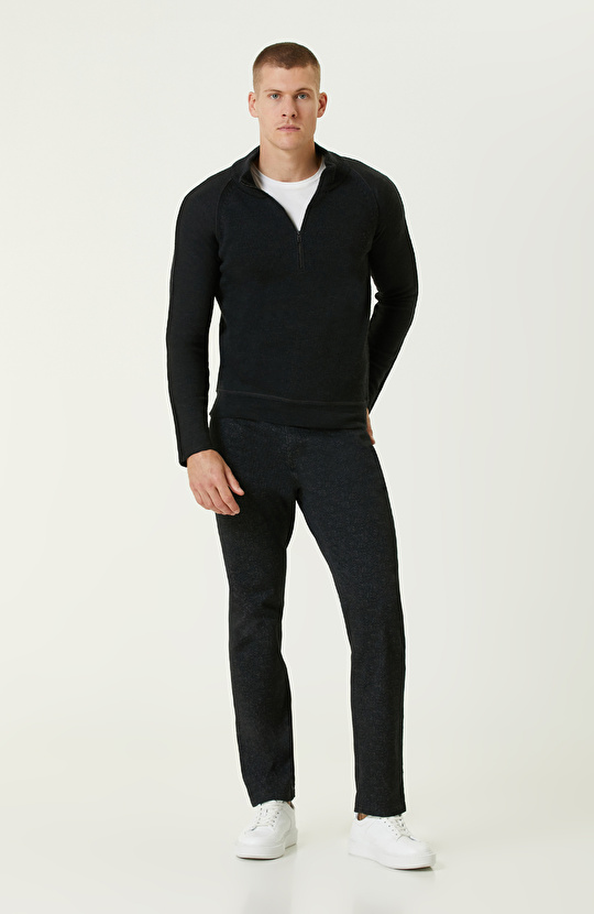 Antrasit Yün Karışımlı Dik Yaka Fermuarlı Triko Kazak