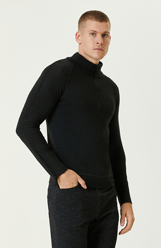 Antrasit Yün Karışımlı Dik Yaka Fermuarlı Triko Kazak