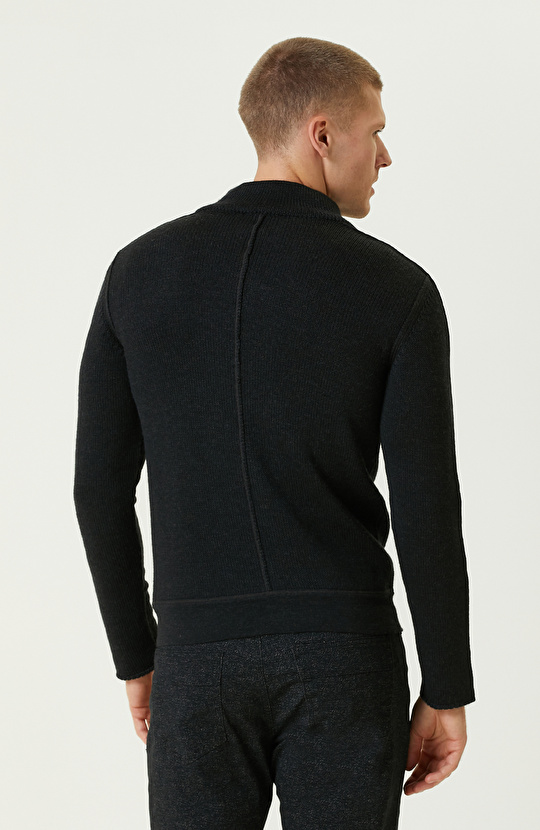 Antrasit Yün Karışımlı Dik Yaka Fermuarlı Triko Kazak