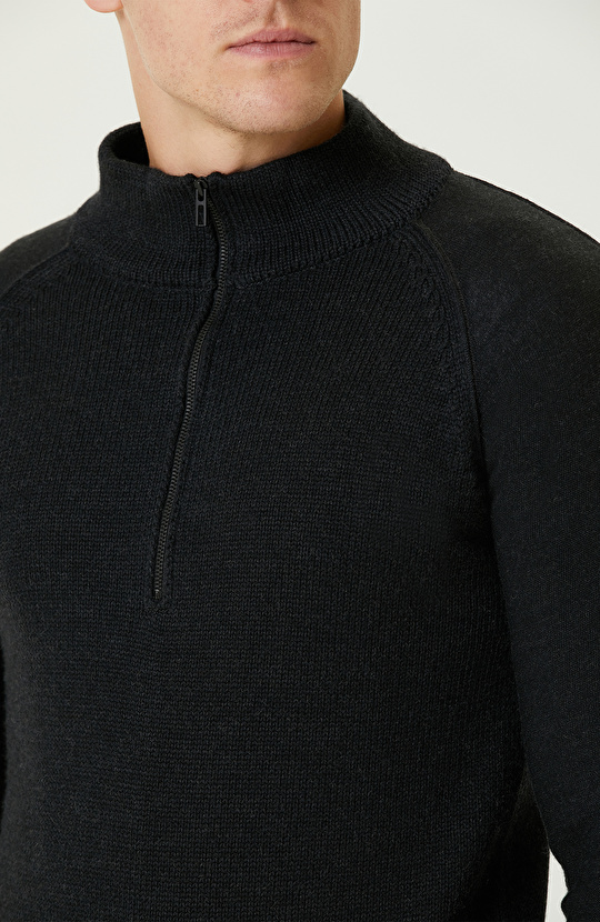 Antrasit Yün Karışımlı Dik Yaka Fermuarlı Triko Kazak