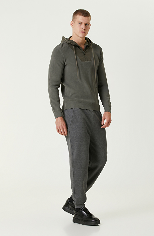 Haki Kapüşonlu Triko Kazak