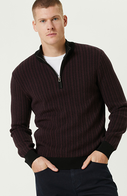 Siyah Bordo Dik Yaka Fermuarlı Triko Kazak