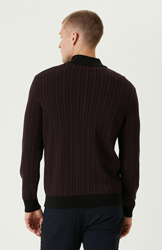 Siyah Bordo Dik Yaka Fermuarlı Triko Kazak