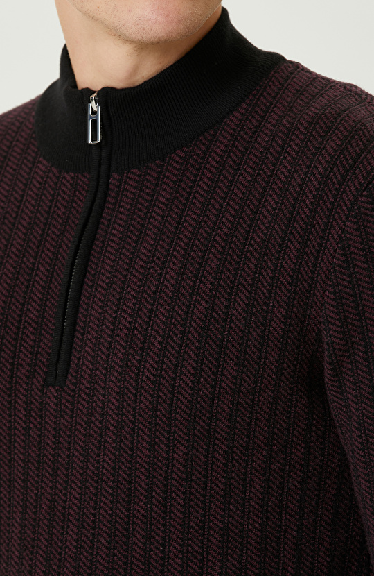 Siyah Bordo Dik Yaka Fermuarlı Triko Kazak