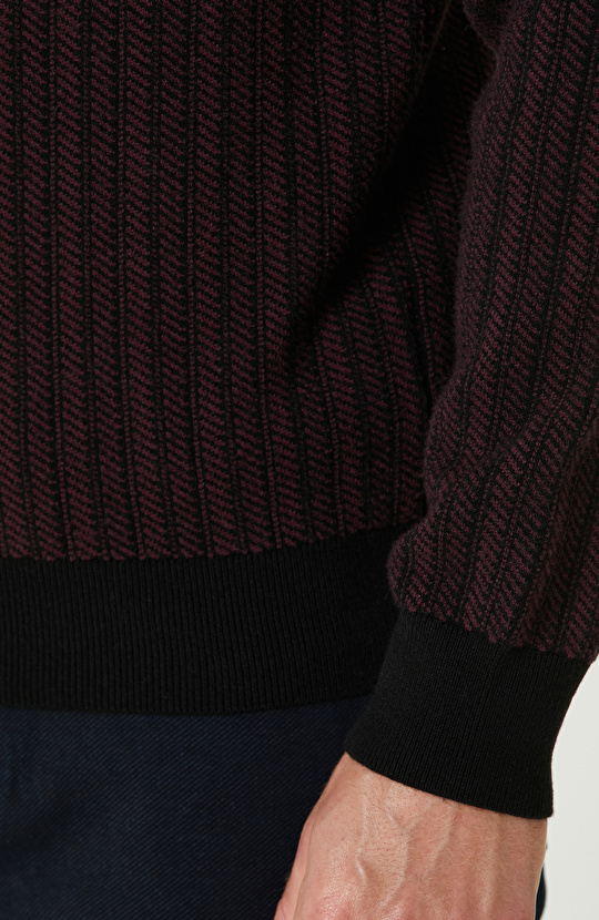 Siyah Bordo Dik Yaka Fermuarlı Triko Kazak