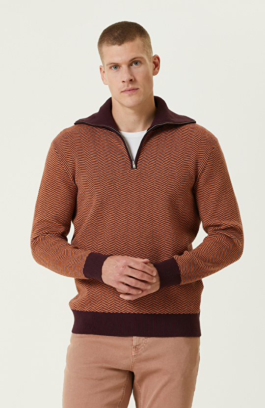 Bordo Polo Yaka Fermuarlı Triko Kazak