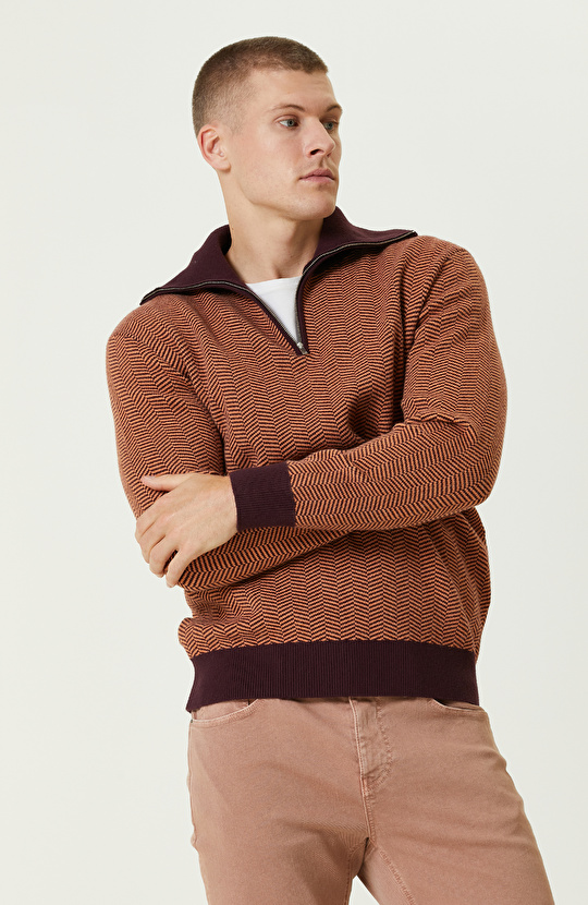 Bordo Polo Yaka Fermuarlı Triko Kazak