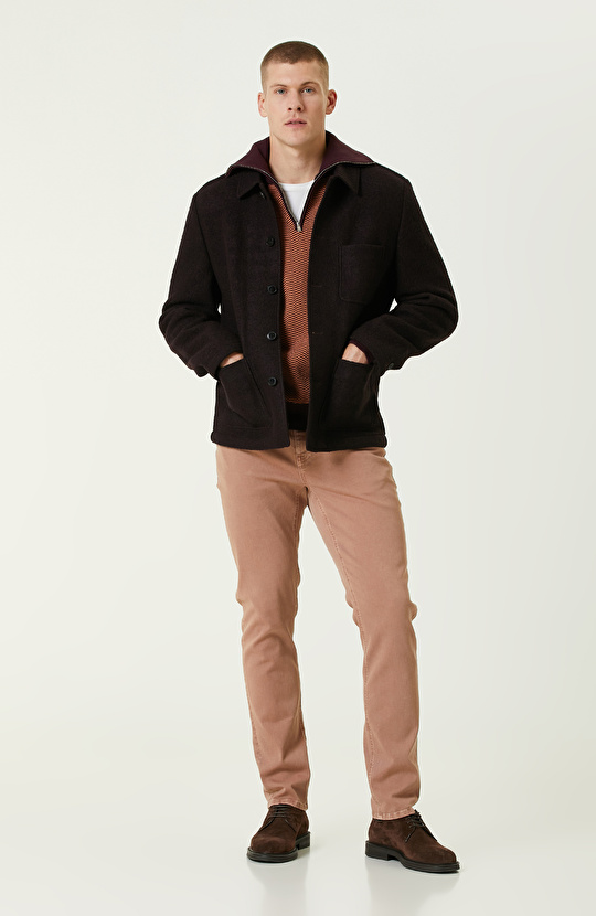 Bordo Polo Yaka Fermuarlı Triko Kazak