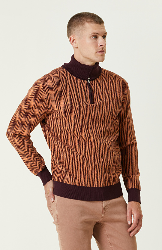 Bordo Polo Yaka Fermuarlı Triko Kazak