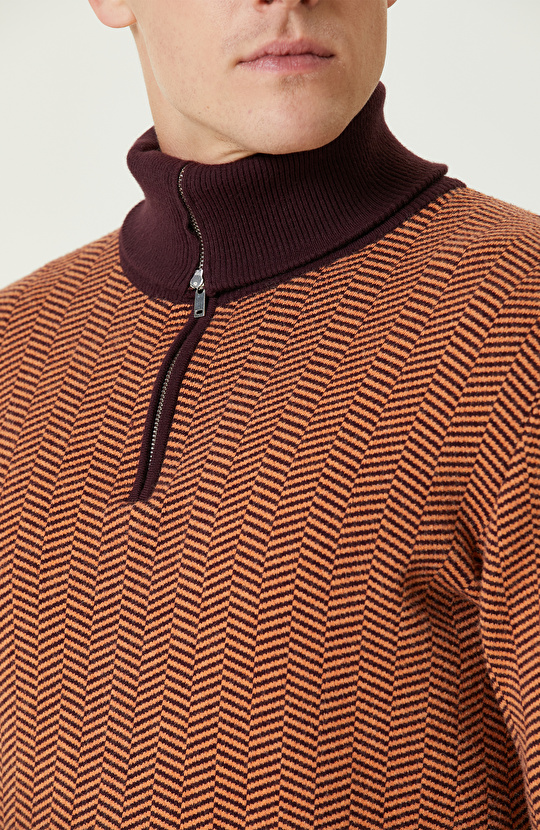 Bordo Polo Yaka Fermuarlı Triko Kazak