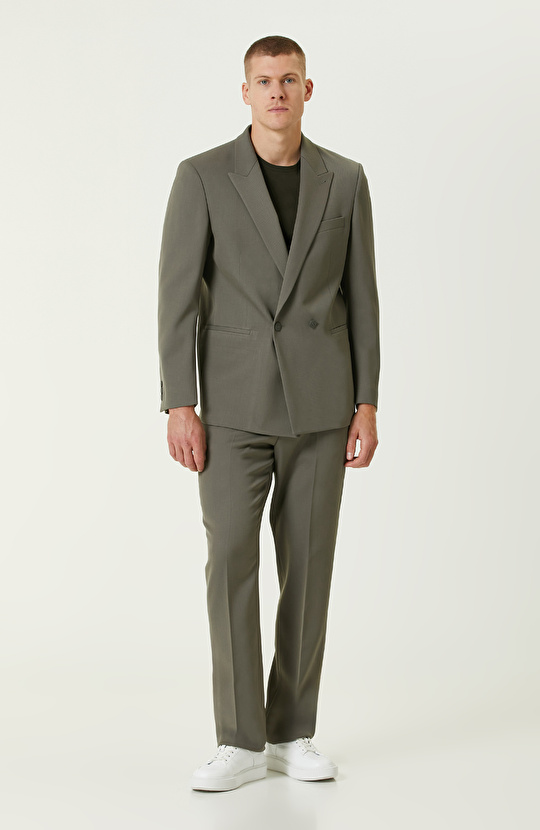 Haki Yün Karışımlı Diyagonal Piklapel Yaka Ceket