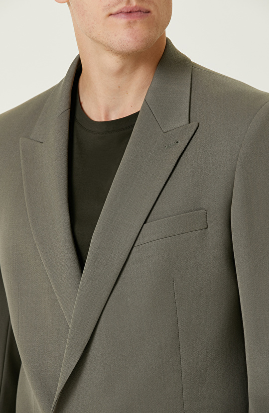 Haki Yün Karışımlı Diyagonal Piklapel Yaka Ceket