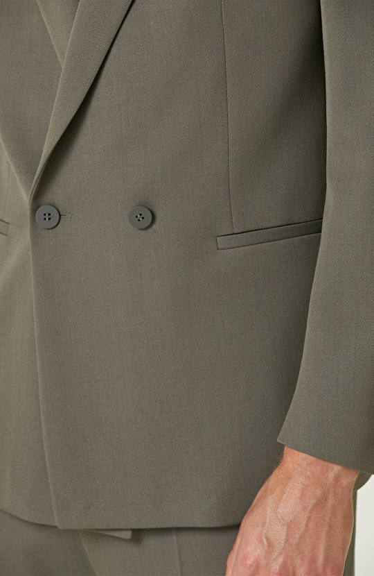 Haki Yün Karışımlı Diyagonal Piklapel Yaka Ceket