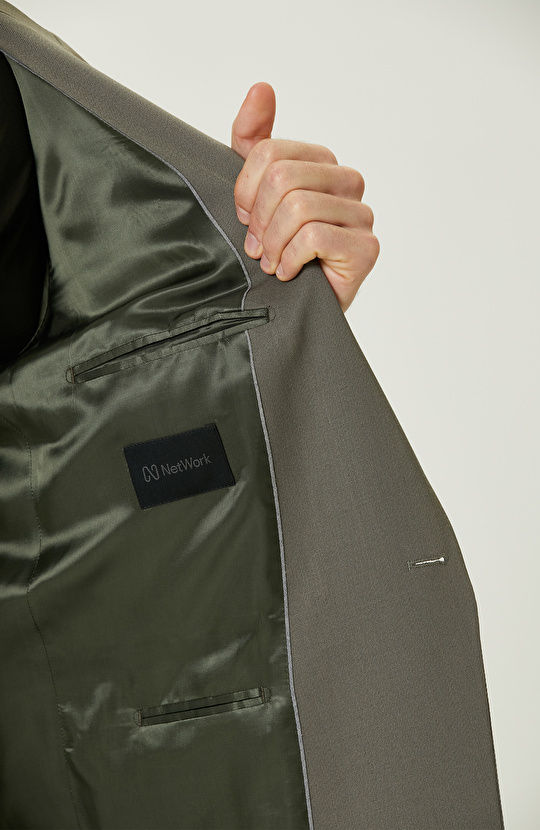 Haki Yün Karışımlı Diyagonal Piklapel Yaka Ceket