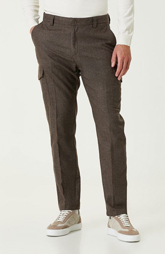 Kahverengi Yün Kaşmir Karışımlı Flanel Pantolon