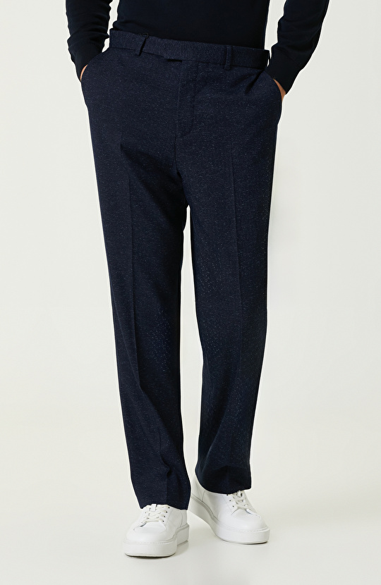 Lacivert Keten Karışımlı Jakarlı Pantolon