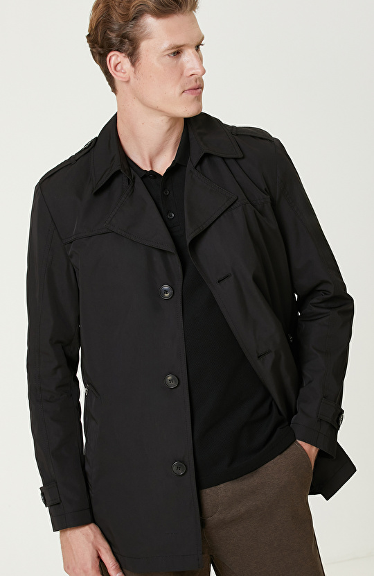 Siyah  Fermuarlı Trenchcoat