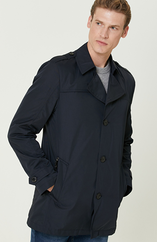 Lacivert  Fermuarlı Trenchcoat