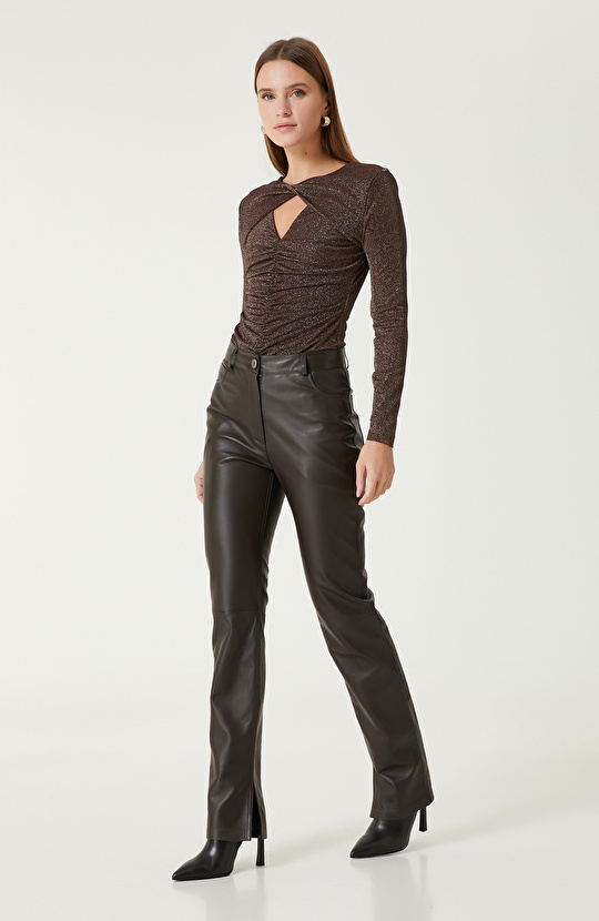 Kahverengi Simli Bodysuıt Örme Bluz