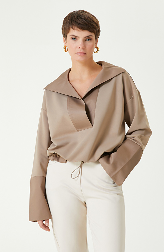 Vizon Bel Büzgülü Örme Bluz